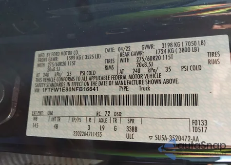 2022 Ford F-150 Xlt z USA, uszkodzony, nr VIN 1FTFW1E80NFB16641